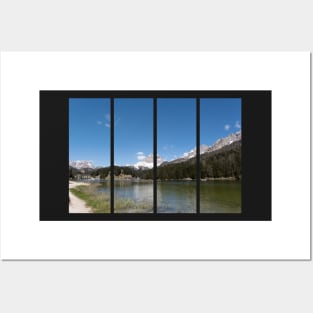 The fabulous alpine lake of Misurina in the Dolomites. Boat on the water. Lovely and relaxing place in the Italian Alps. Reflections in the rippled water. Sunny spring day. Posters and Art